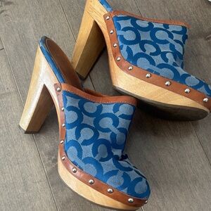 Coach Blue Patterned Mules with Brown Trim